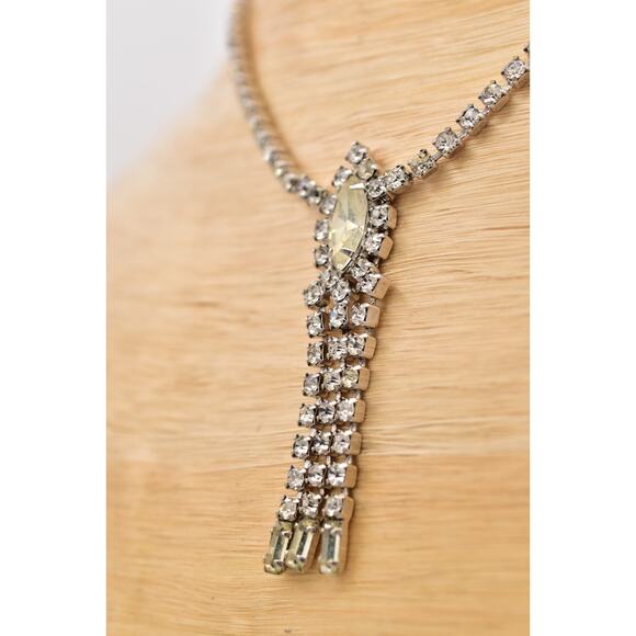 Vintage ASTRA Rhinestone Necklace Marquise Center Tassel Drop Silver Tone BinBQ - Picture 10 of 16